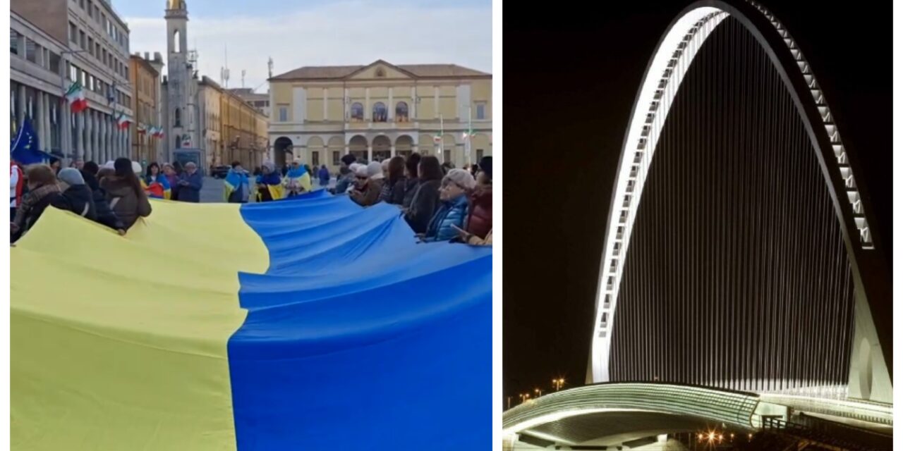 PONTI DI CALATRAVA COLORATI DI GIALLO E BLU PER LA PACE IN UCRAINA