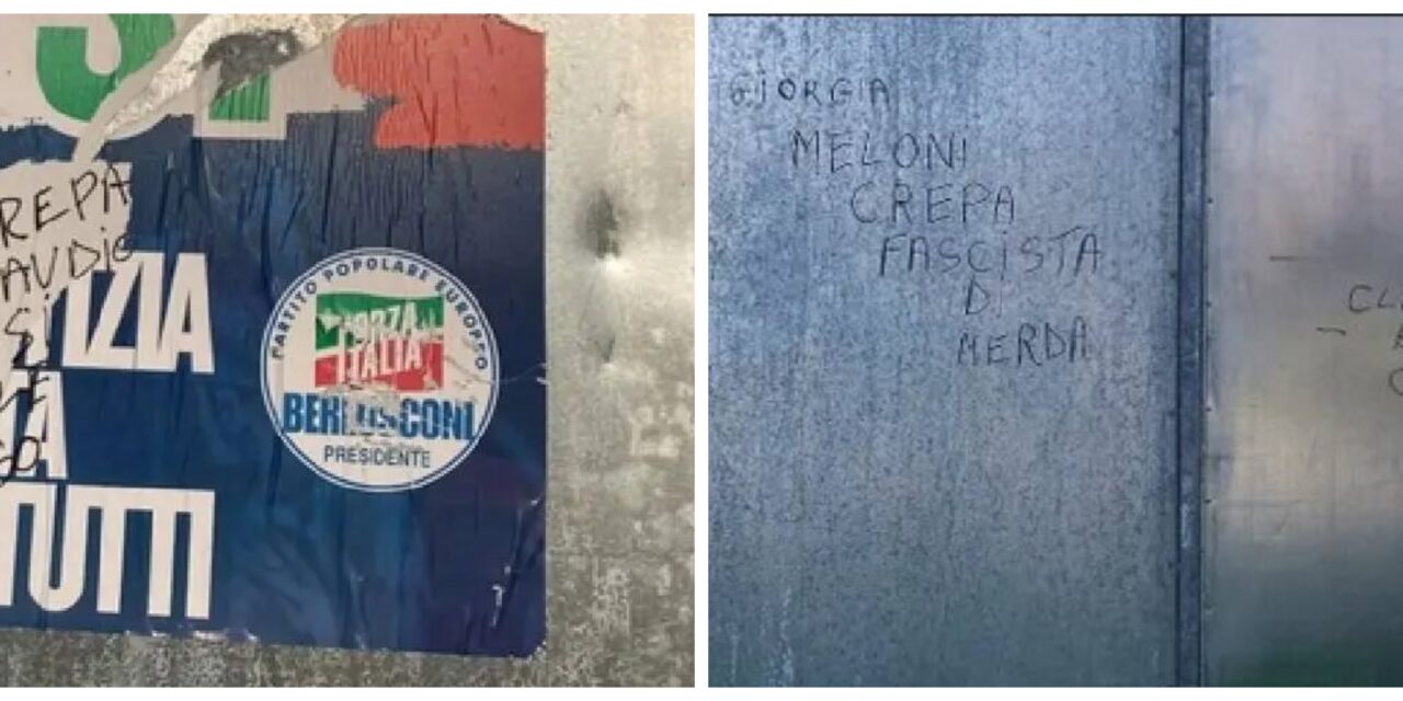 MANIFESTI IMBRATTATI CON SCRITTE INGIURIOSE CONTRO BASSI E MELONI ALLA GATTALUPA