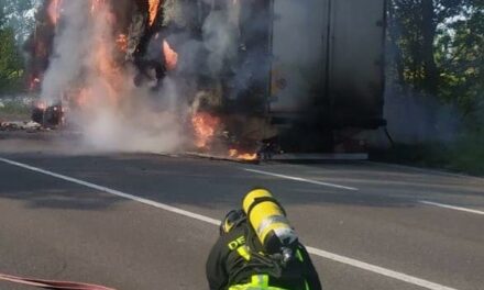 CADELBOSCO. CAMION FRIGO VA A FUOCO, ROGO DOMATO DAI POMPIERI