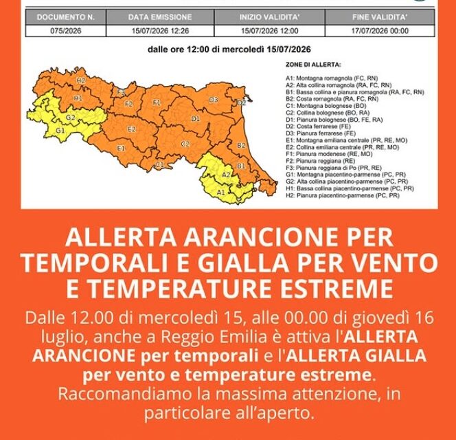 ALLERTA ARANCIONE PER FORTI TEMPORALI, IL COMUNE :”NON SOSTARE IN AREE VERDI O SOTTO GLI ALBERI”