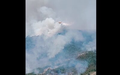 CANOSSA, LE FIAMME MINACCIANO LE CASE DEL VILLAGGIO DEI LUPI, CANADAIR IN AZIONE